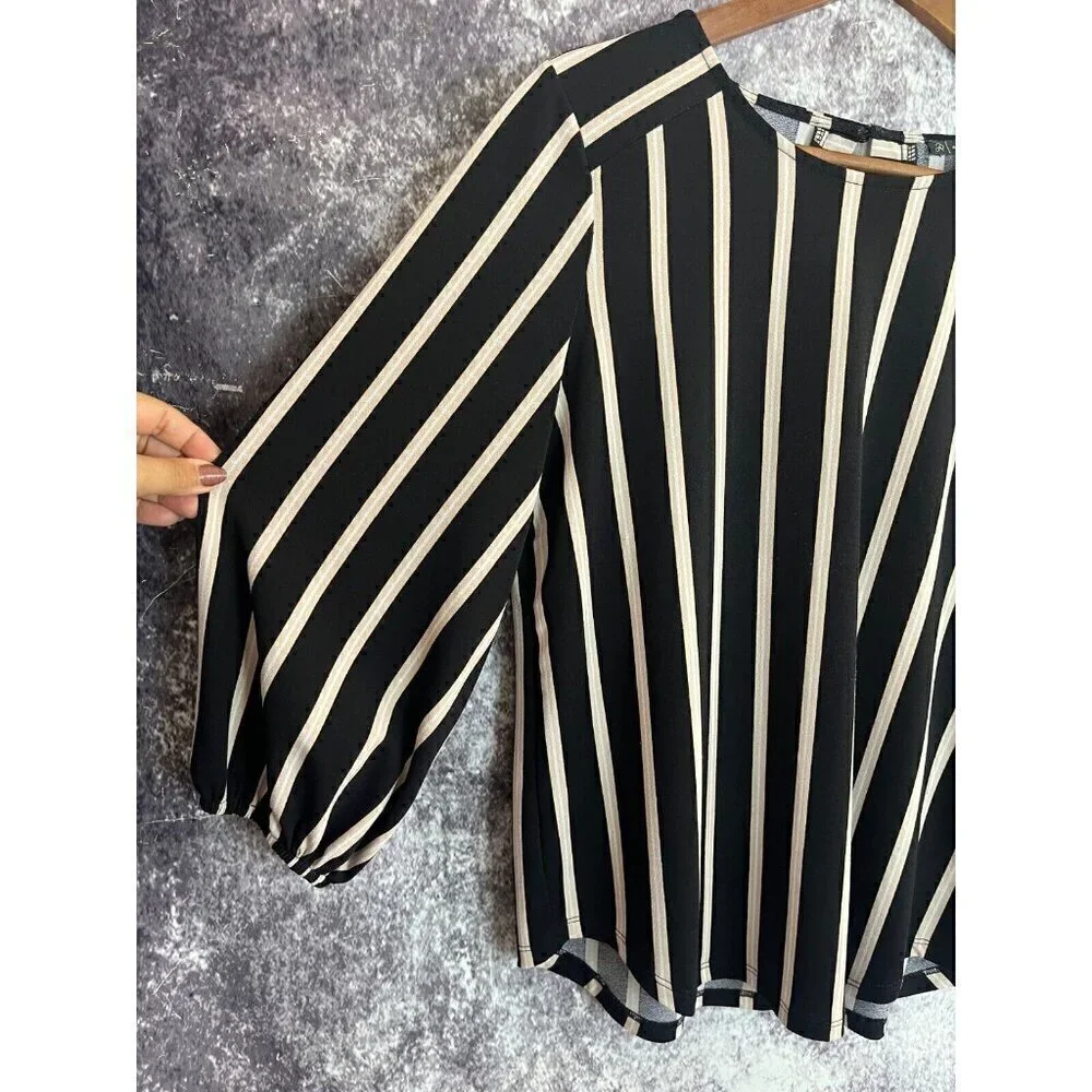 Adrianna Papell Shirt Womens Small Black Striped Yoke Office Sleek Mod Secretary